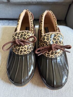 Sperry Brown Suede Loafers with Leopard-Print Trim